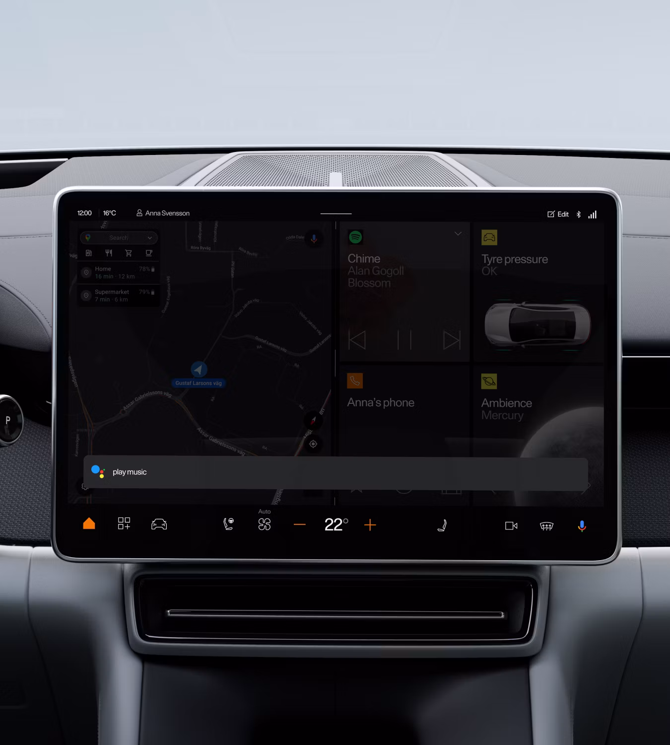 Polestar 4 SUV’s centre display showing Google Maps and a prevalent Google Home prompt.