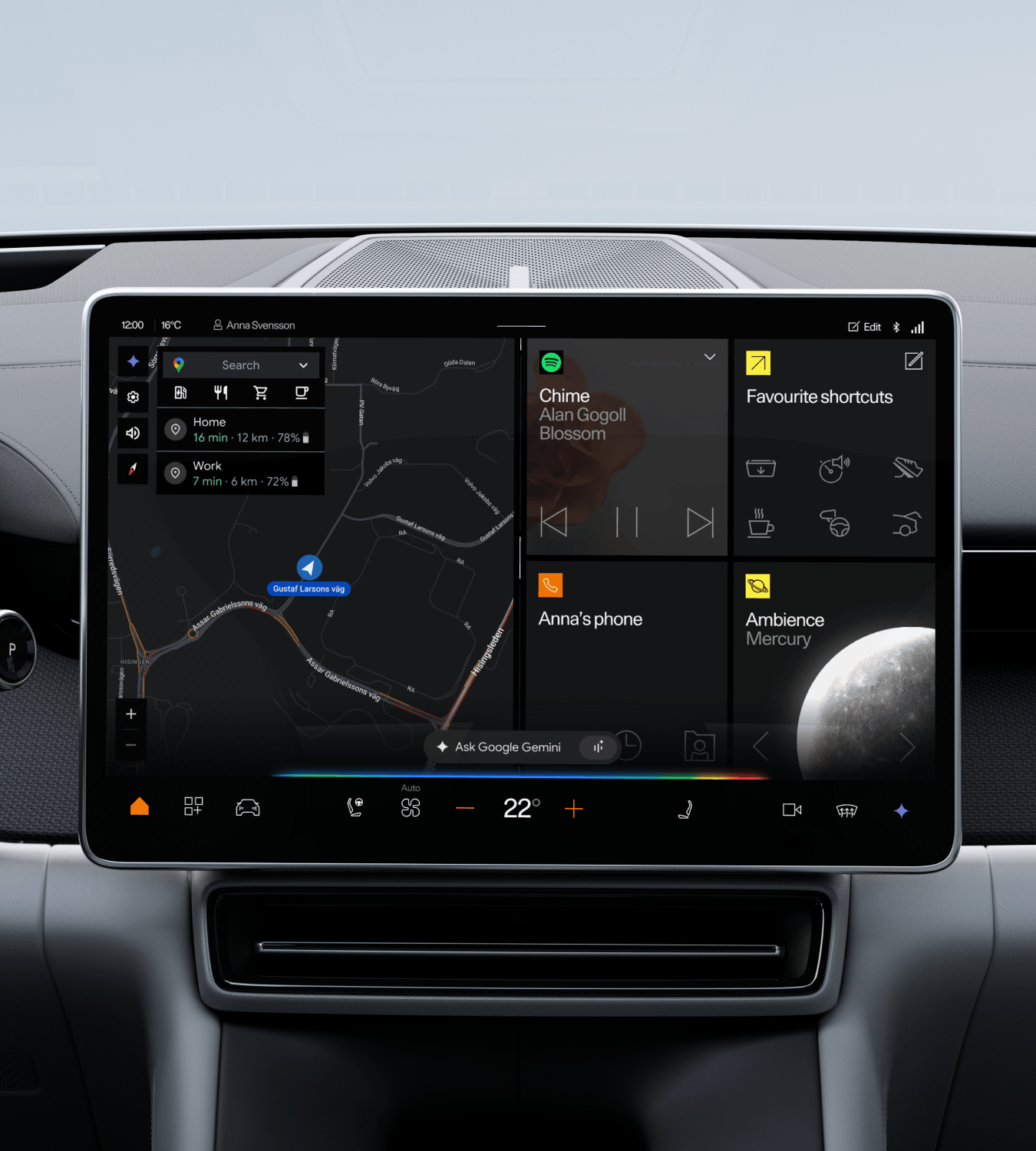 Polestar 4 SUV’s centre display showing Google Maps and a prevalent Google Home prompt.
