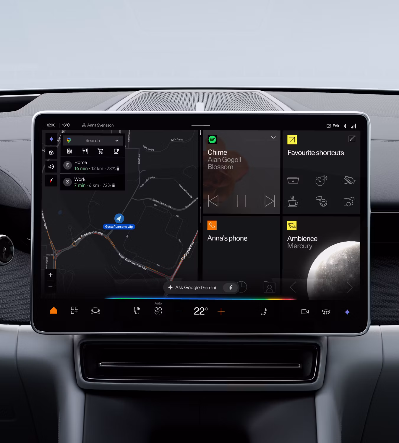 Polestar 4 SUV’s centre display showing Google Maps and a prevalent Google Home prompt.