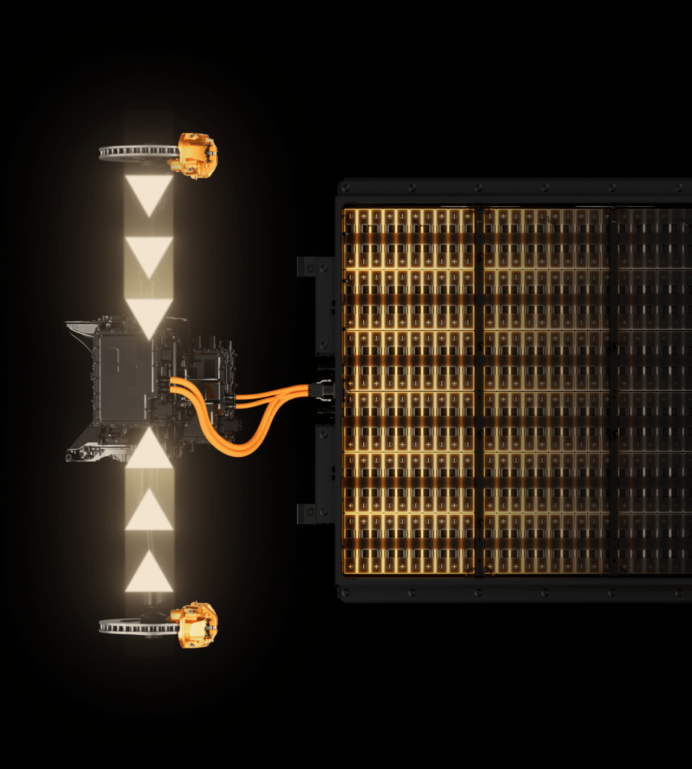 Polestar 4 SUV’s drivetrain with yellow arrows indicating energy returning to its electric motors.
