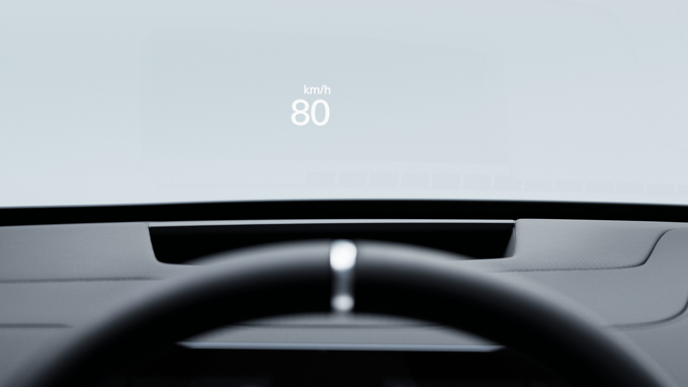 Polestar 4 SUV’s Heads up Display with the car’s moving speed on driver's side of the windshield.