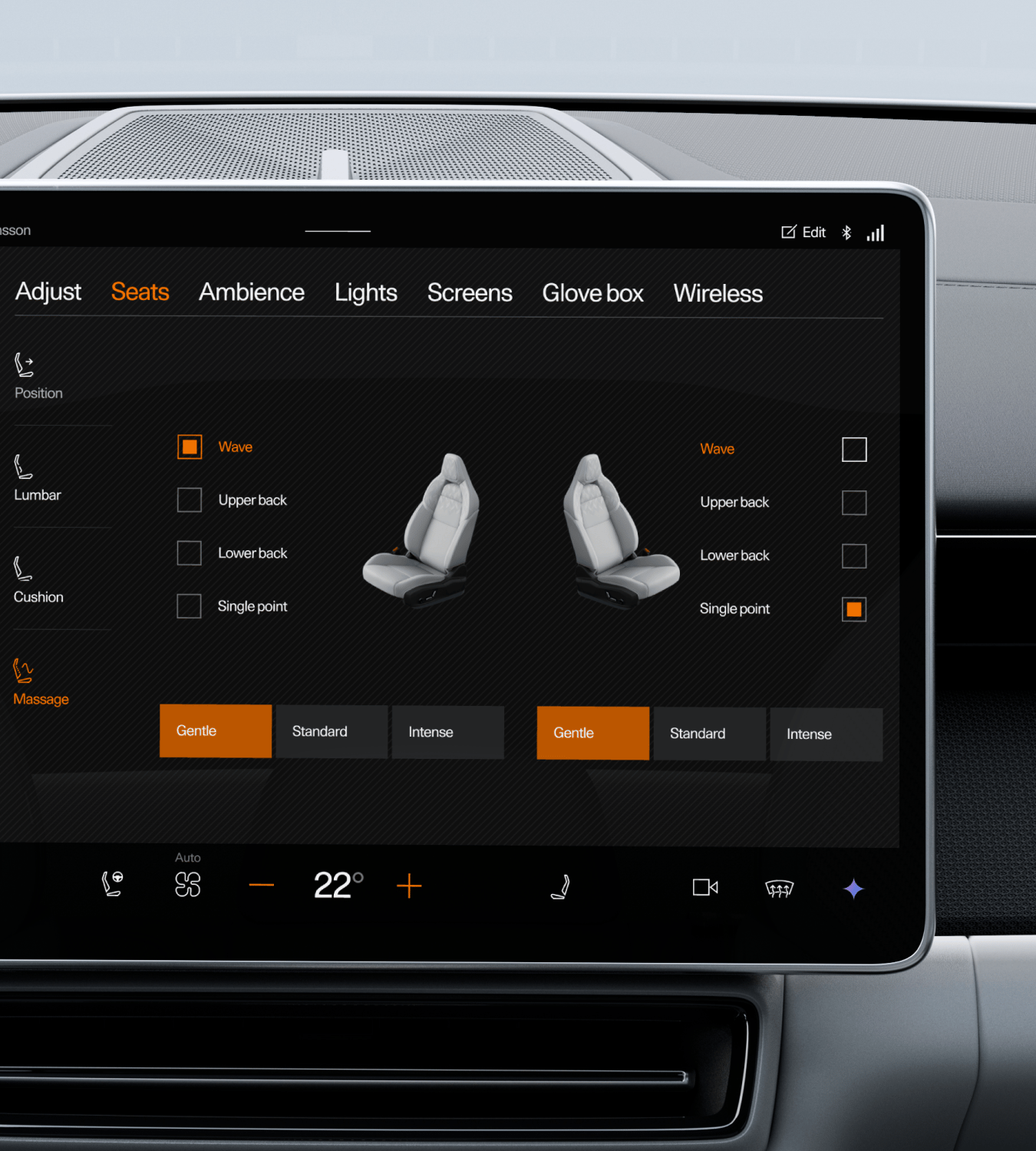 Front seat massage settings menu in Polestar 4 SUV’s centre display.