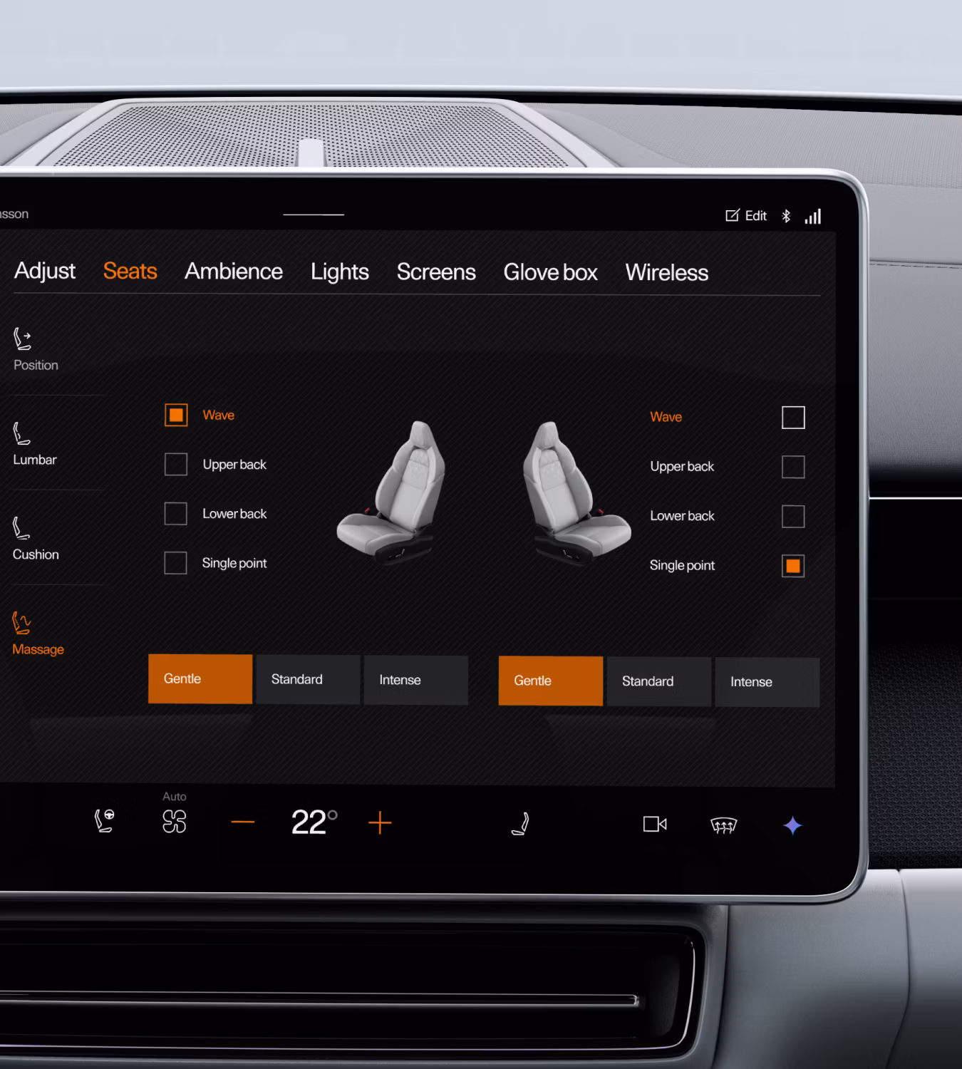 Front seat massage settings menu in Polestar 4 SUV’s centre display.