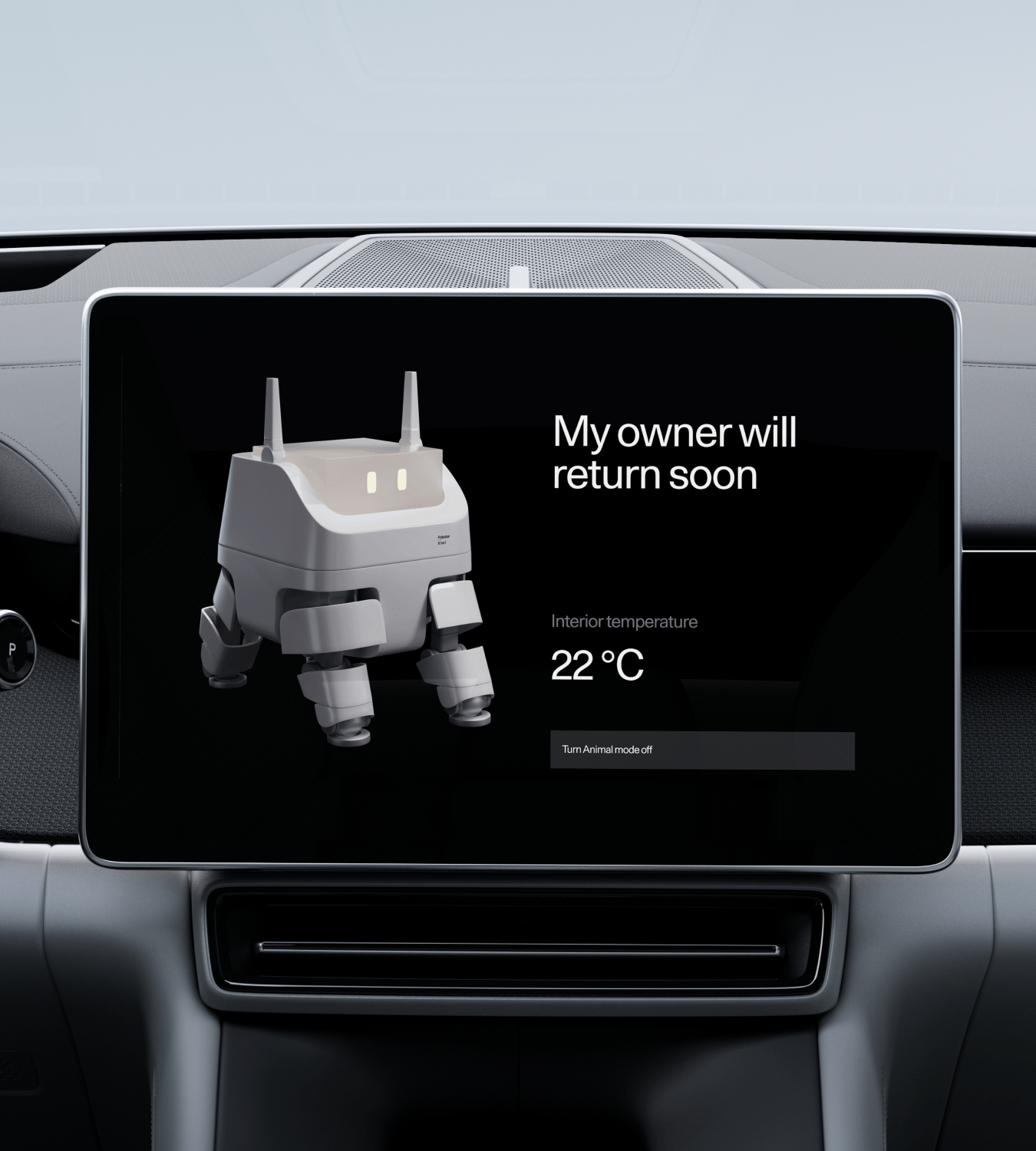 Polestar 4 SUV’s centre display showing the animal mode screen with current interior temperature.