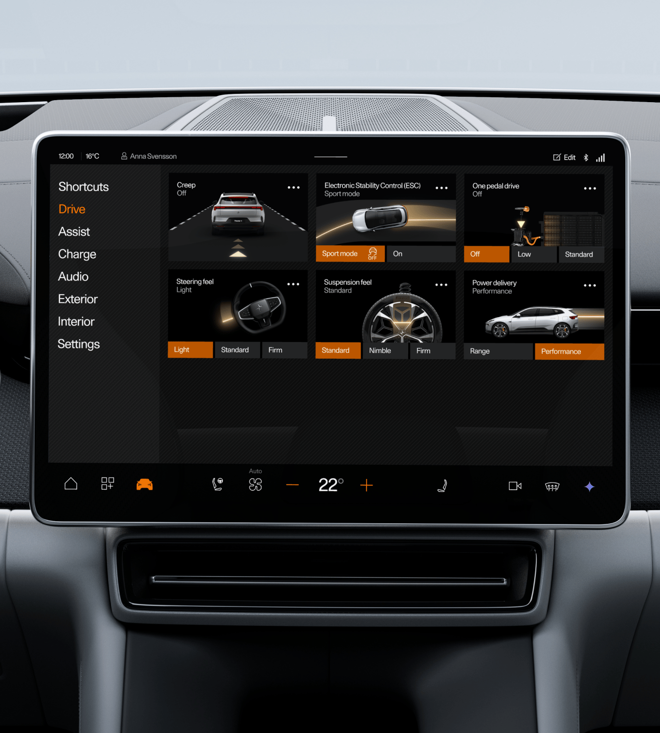 Polestar 4 SUV’s centre display showing the ‘Drive’ screen with sport mode inactivated.