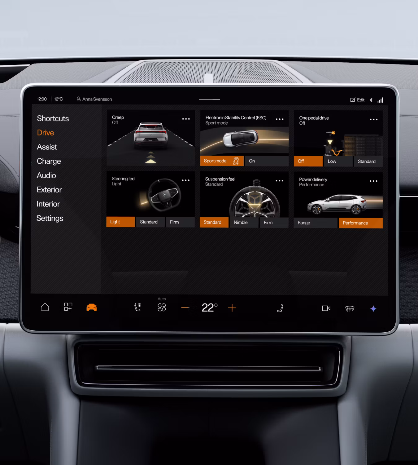 Polestar 4 SUV’s centre display showing the ‘Drive’ screen with sport mode inactivated.
