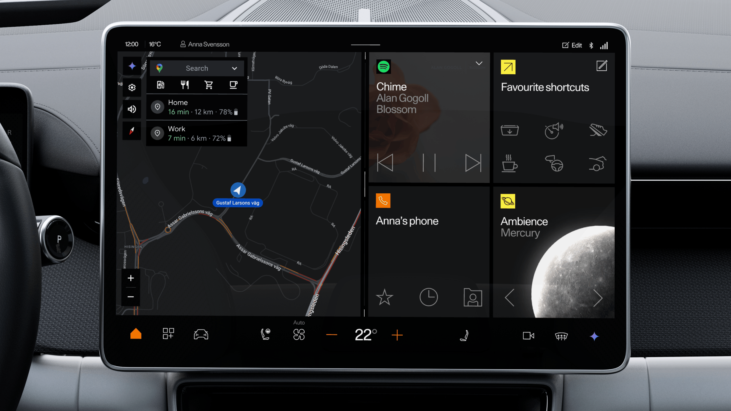 An interior view of Polestar 4 SUV showing the steering wheel and centre display on the home screen.