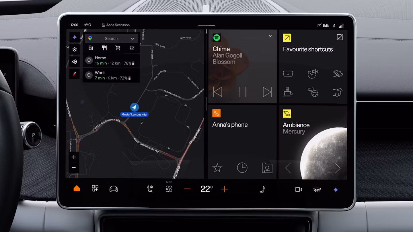 An interior view of Polestar 4 SUV showing the steering wheel and centre display on the home screen.