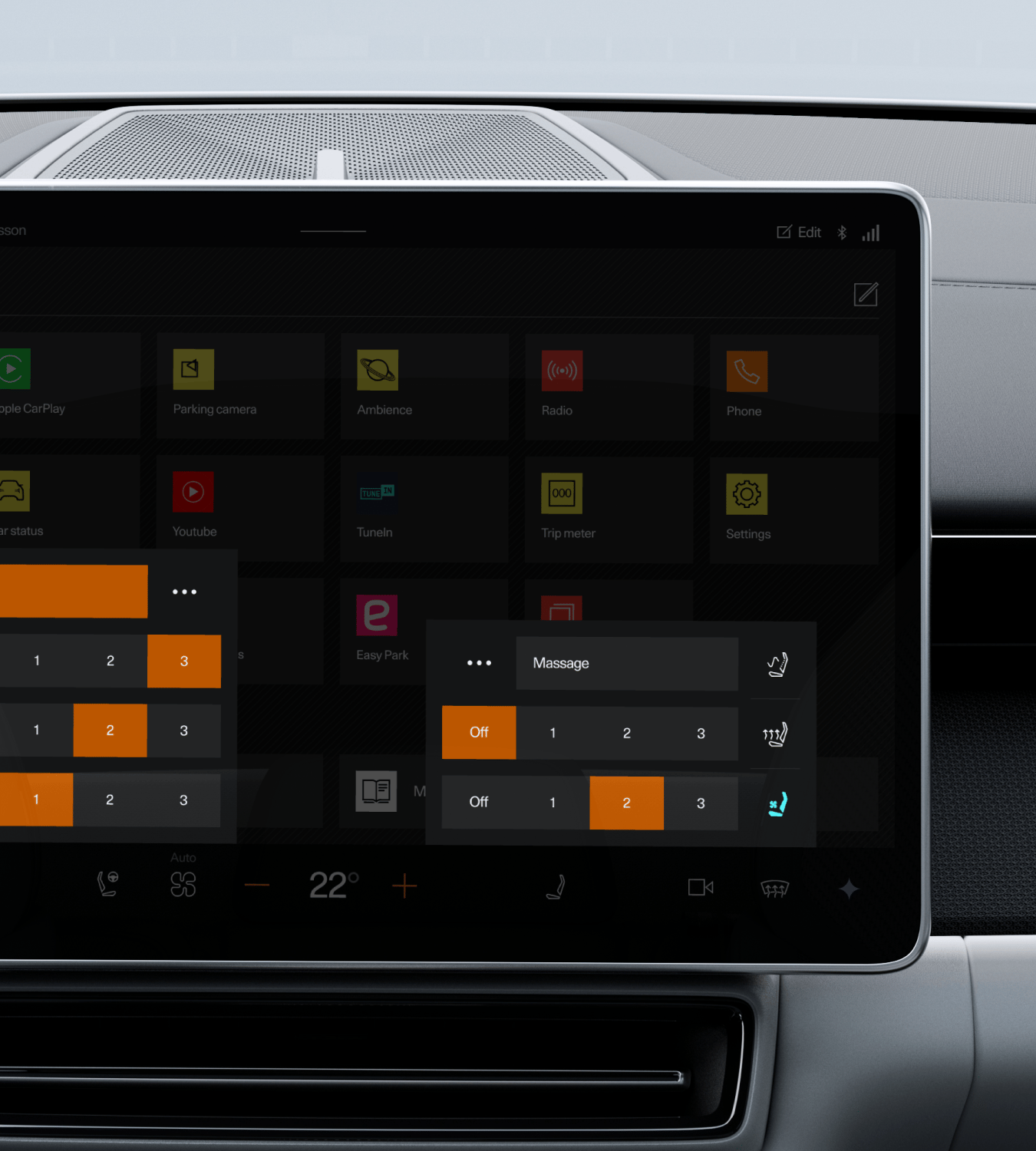Polestar 4 SUV’s ventilation menu settings in the centre display for the front seat ventilation.