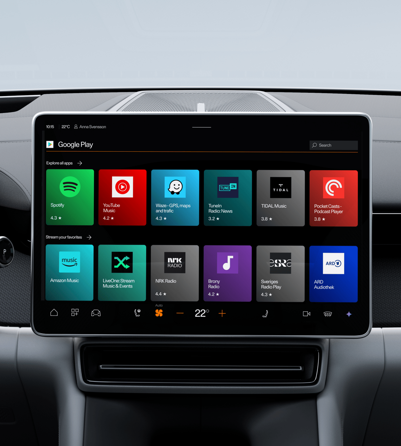 Polestar 4 SUV’s centre display showing the Google Play Store screen opened.