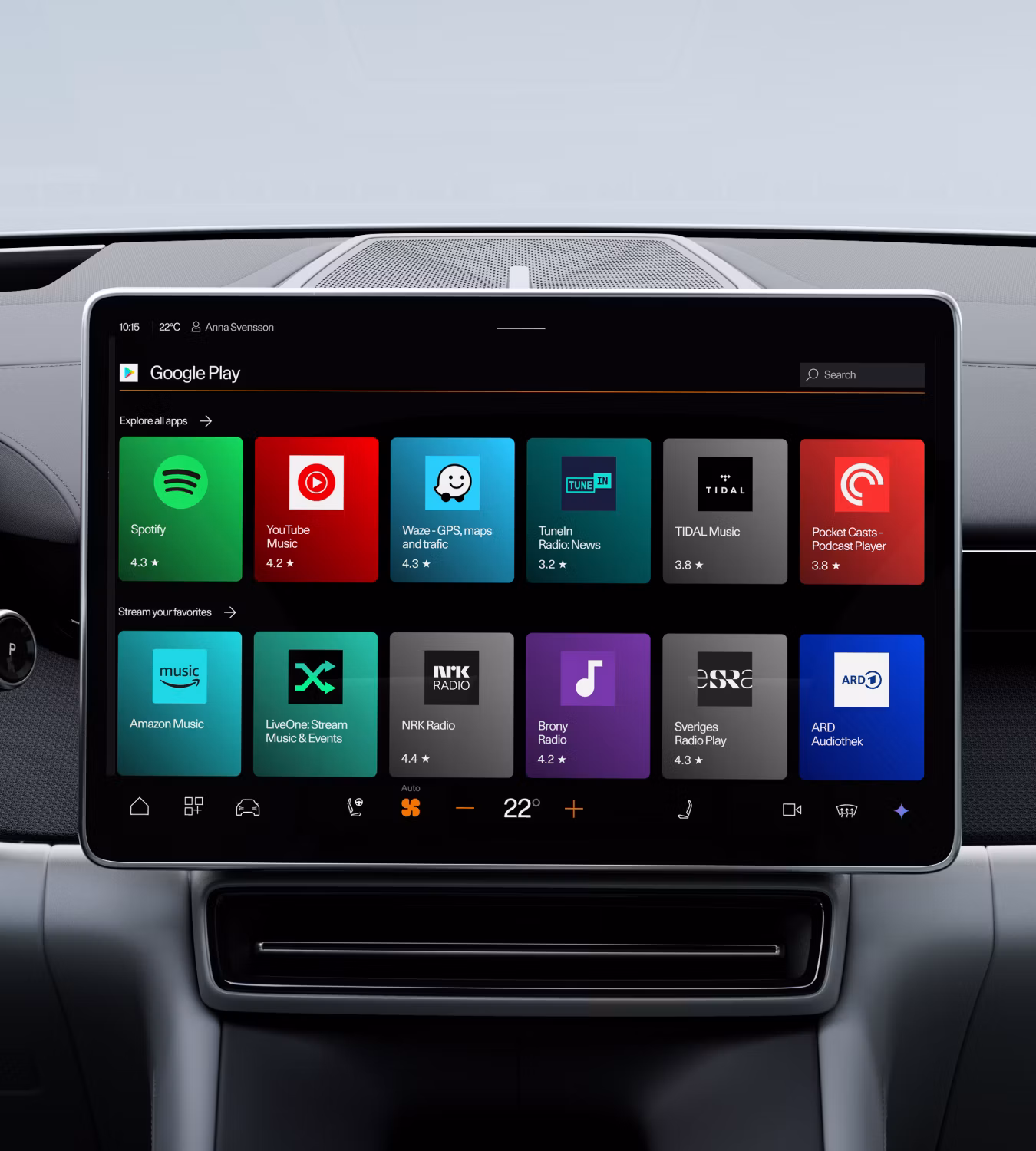 Polestar 4 SUV’s centre display showing the Google Play Store screen opened.