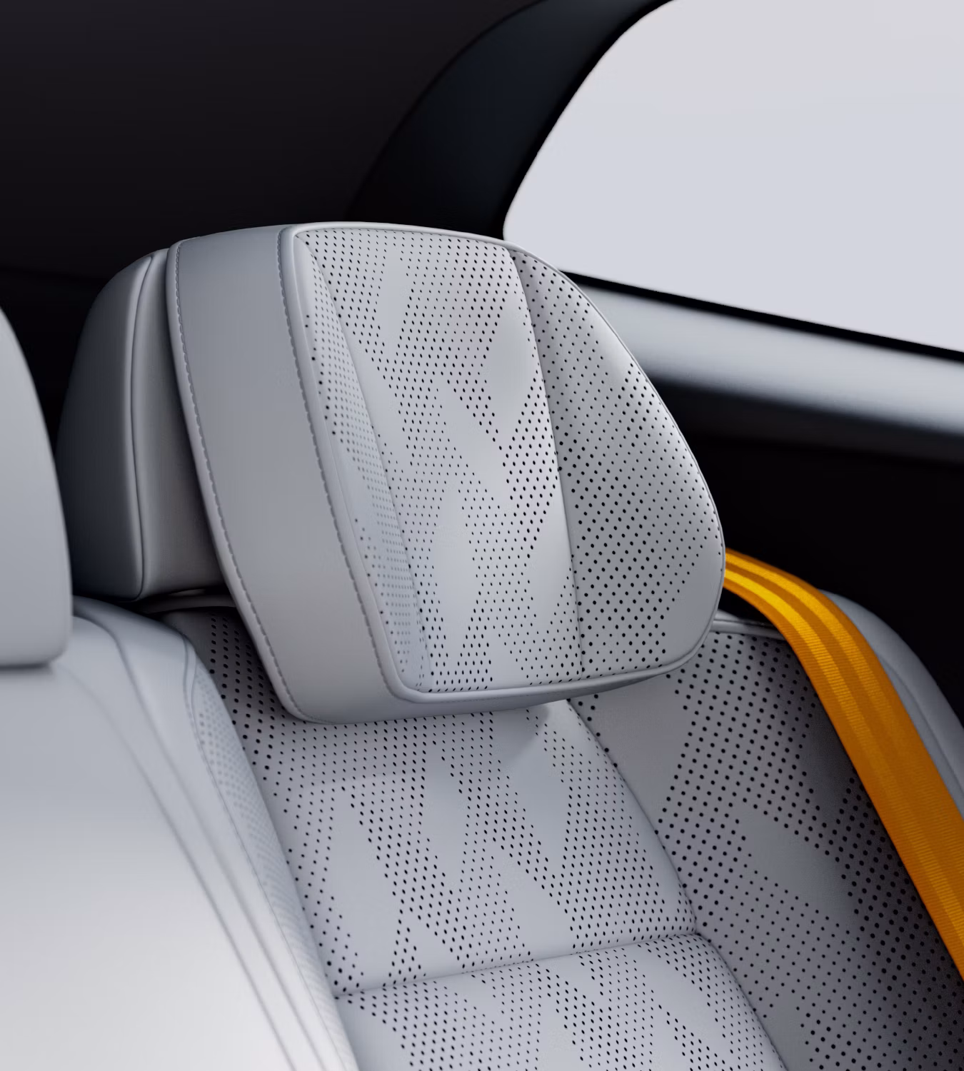 Polestar 4 SUV’s large rear comfort headrest in Bridge of Weir leather upholstery in Zinc.