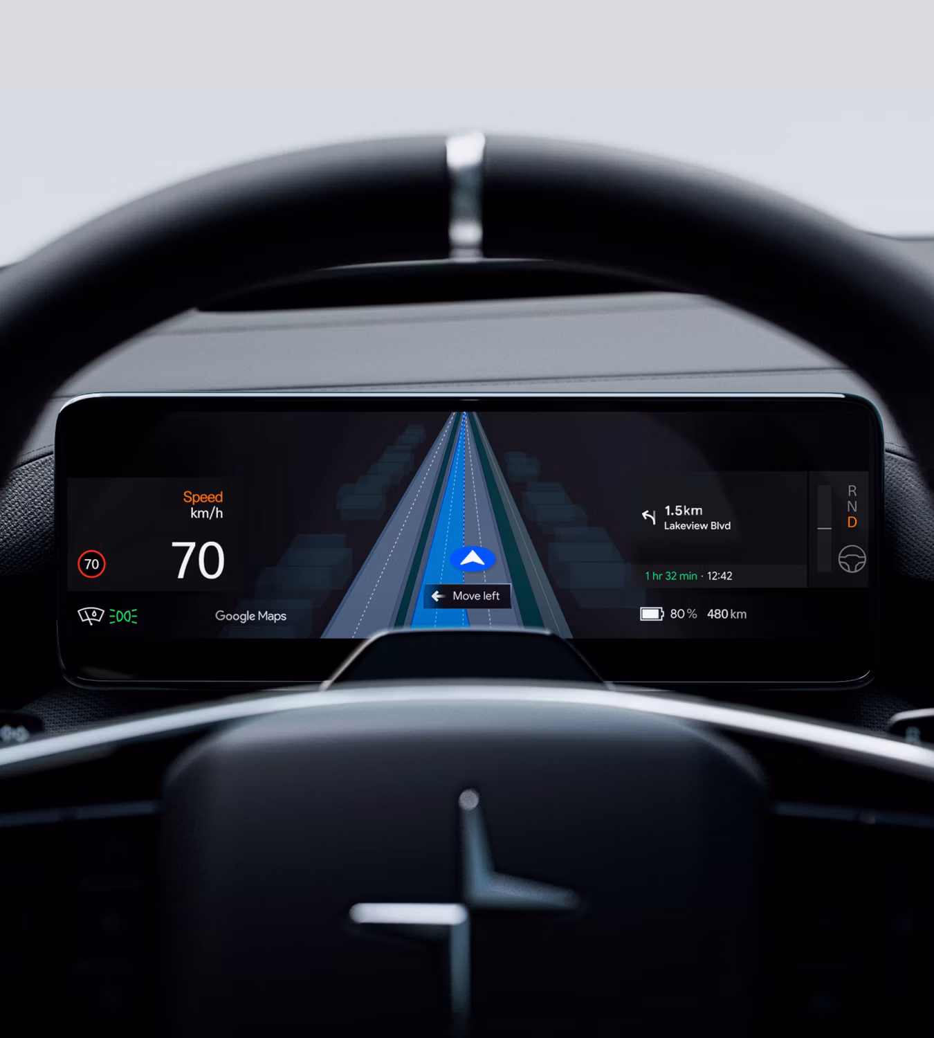 Polestar 4 SUV’s centre display showing Google Maps and a prevalent Google Assistant prompt.
