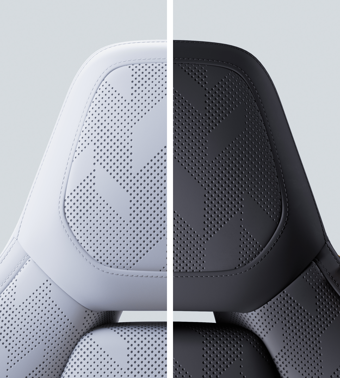 Polestar 4 SUV seat with Perforated Nappa leather upholstery in split view with Zinc and Charcoal.
