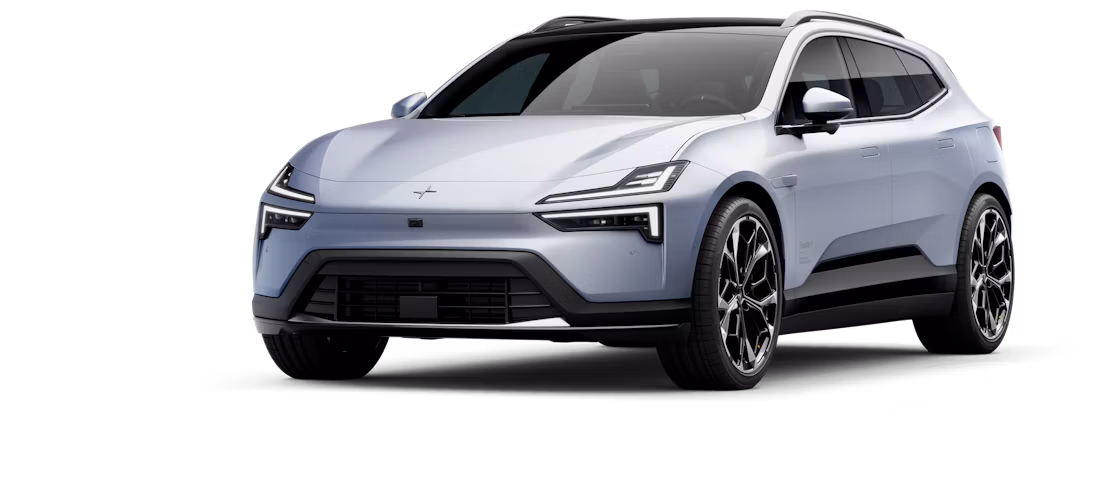 A front-angled view of a white Polestar 4 SUV standing against a white background.
