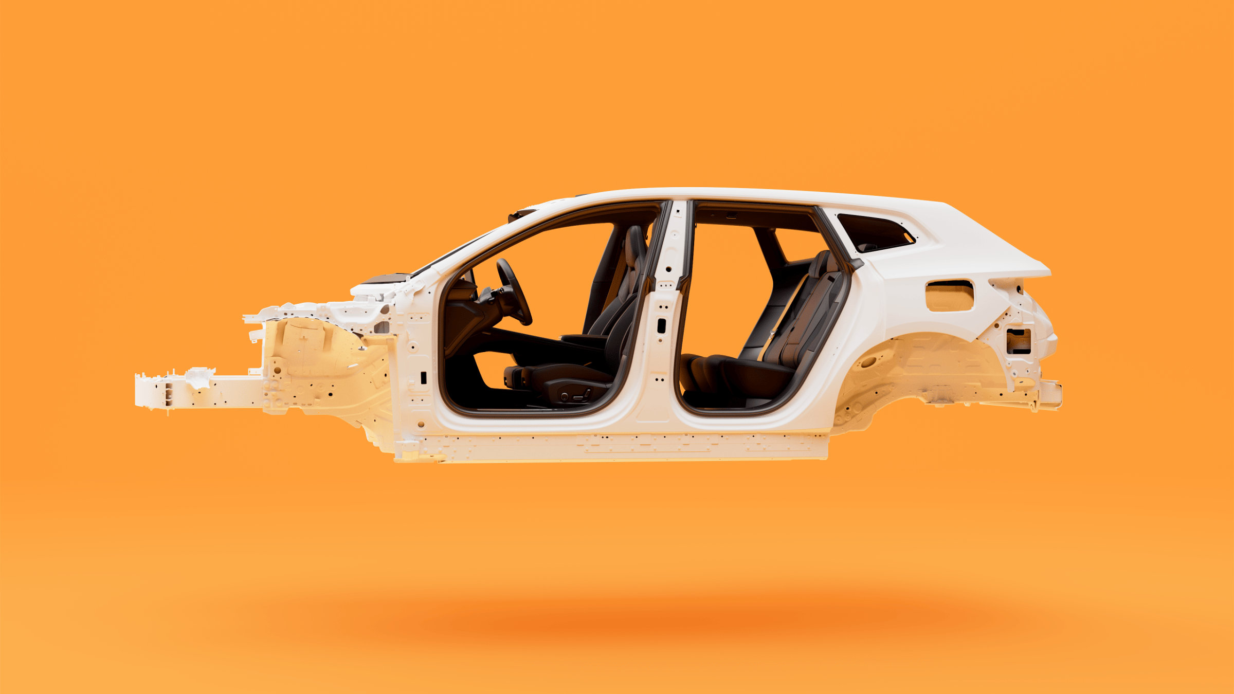 Top half of Polestar 4 SUV’s frame floating in the middle of an orange background.