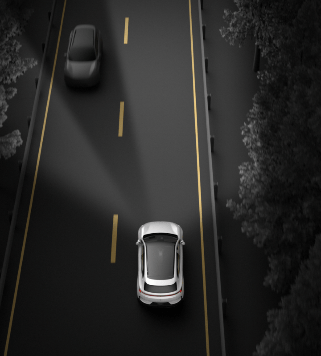 Polestar 4 SUV headlight sustaining light while shading out oncoming individual vehicles.