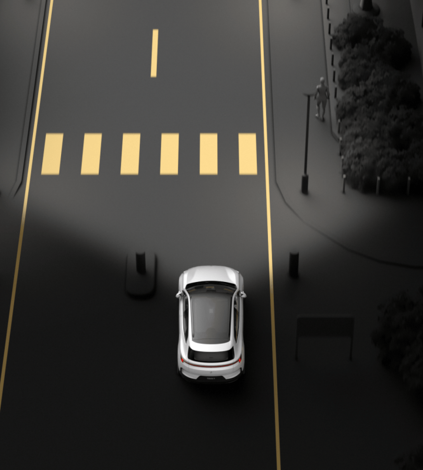 Polestar 4 SUV widening its forward headlight coverage as it enters a better lit area.