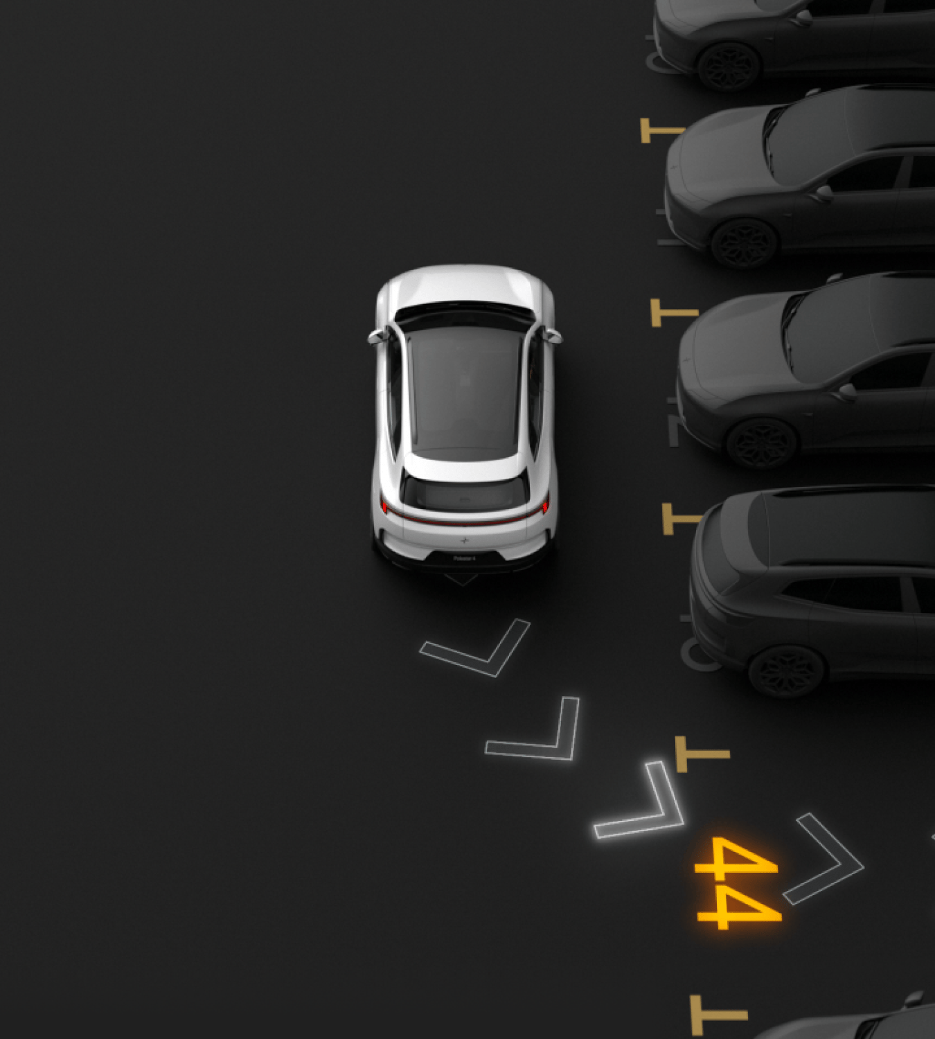 Polestar 4 SUV reversing into a parking space.