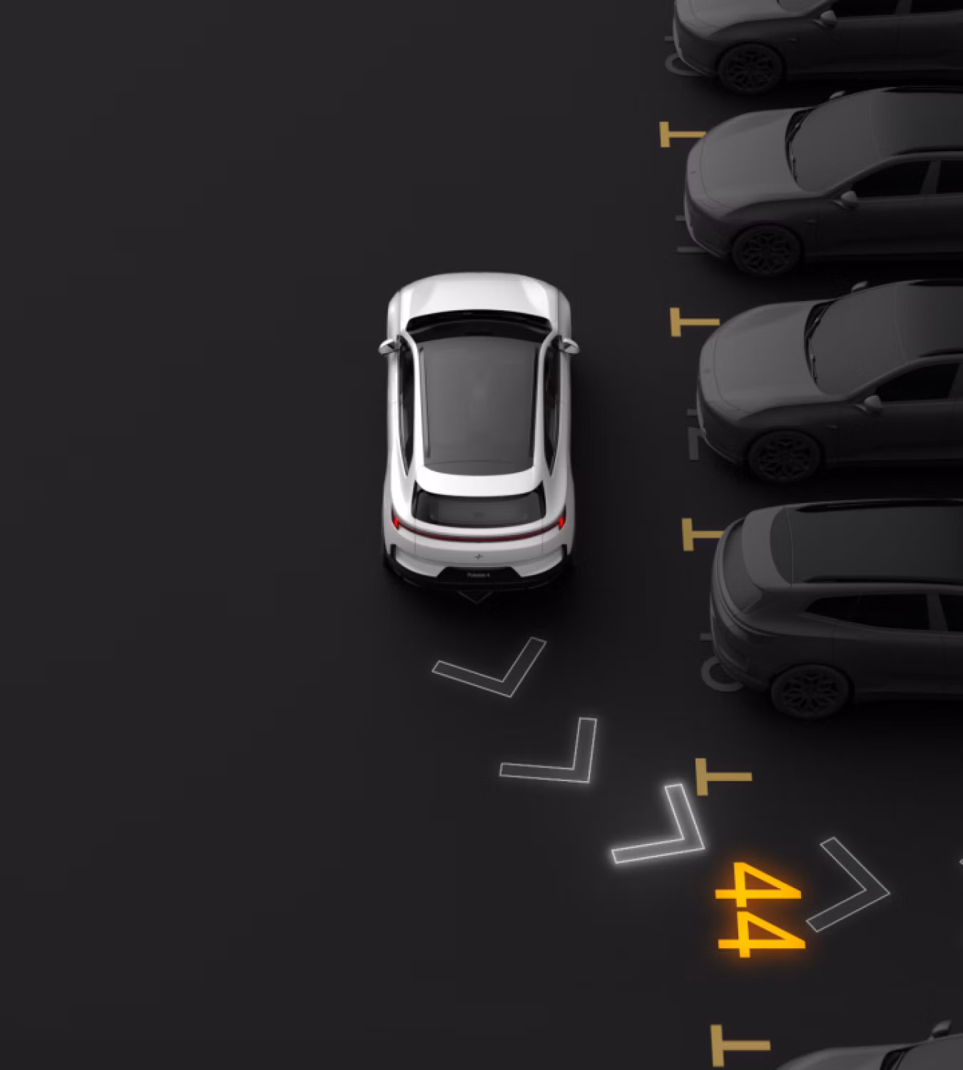 Polestar 4 SUV reversing into a parking space.