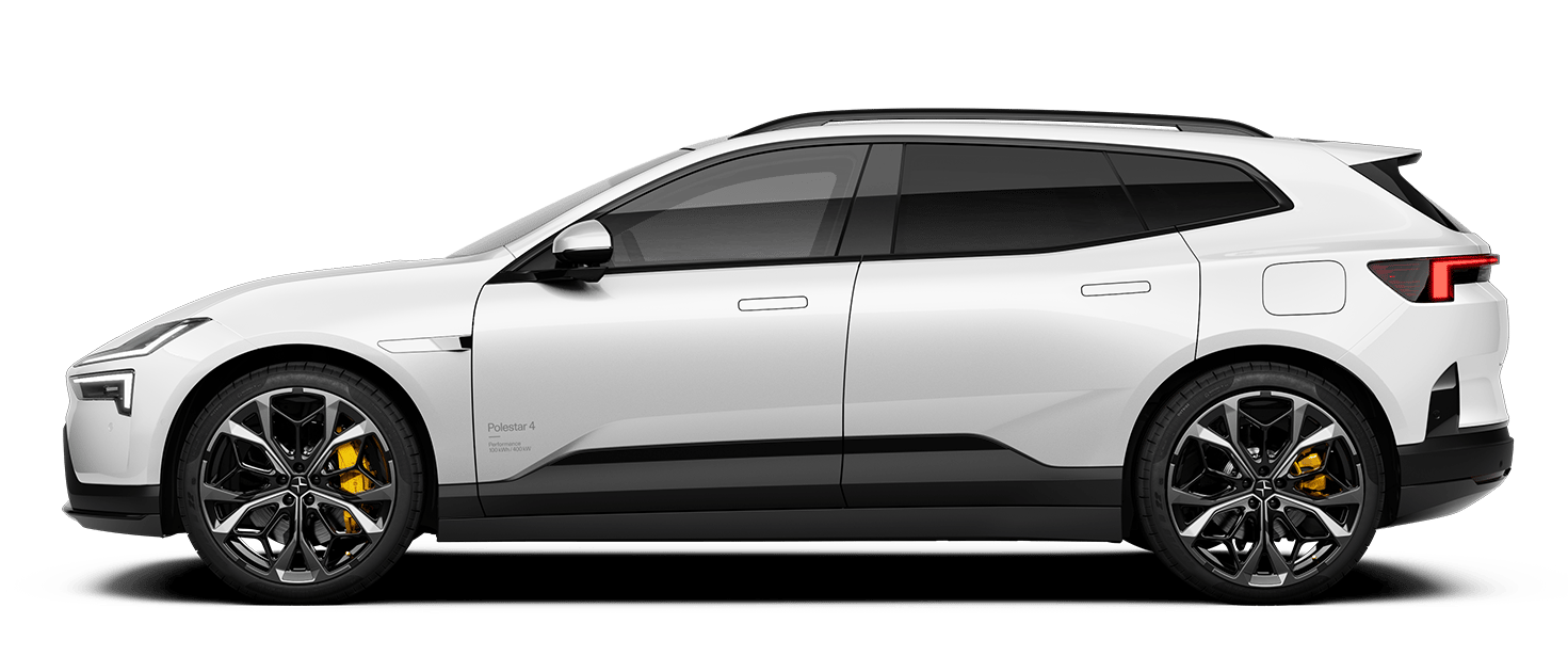 Polestar 4 SUV car side view with white body, black trim, and yellow brake calipers.