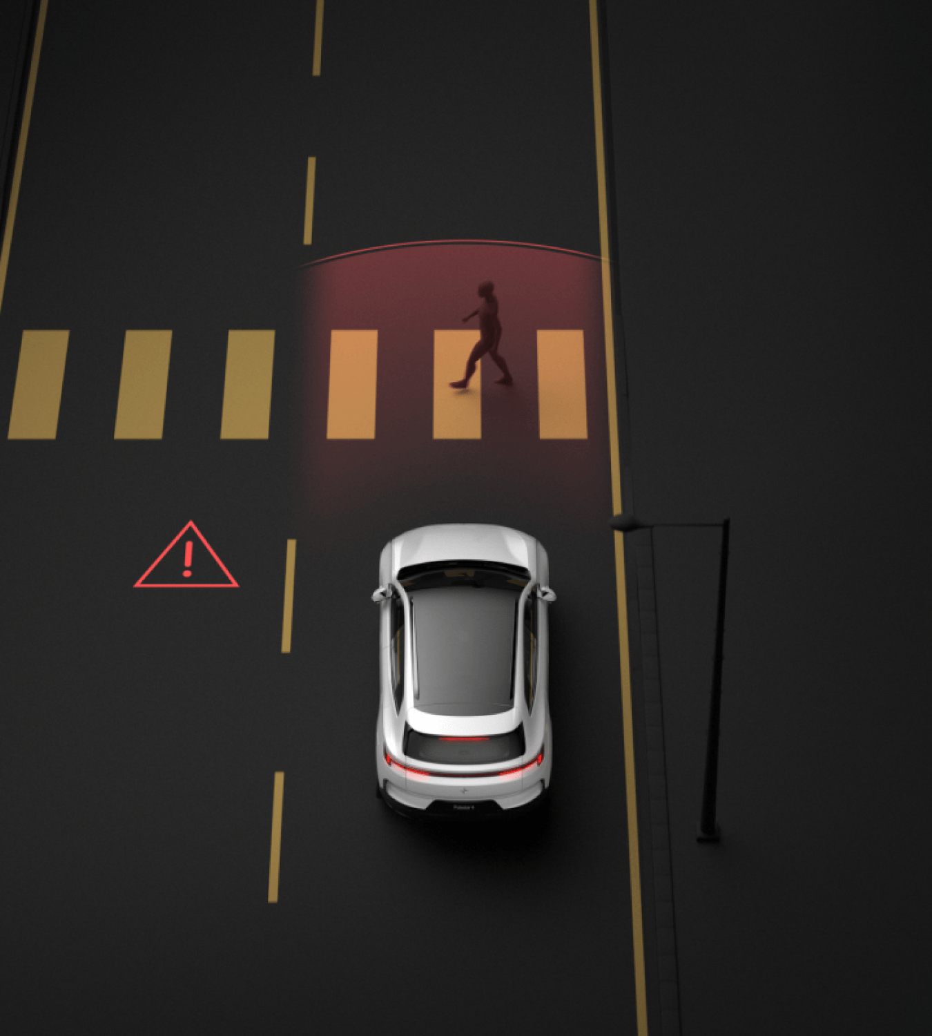 Polestar 4 SUV activating hazard warning lights after braking and sensing objects ahead and behind.