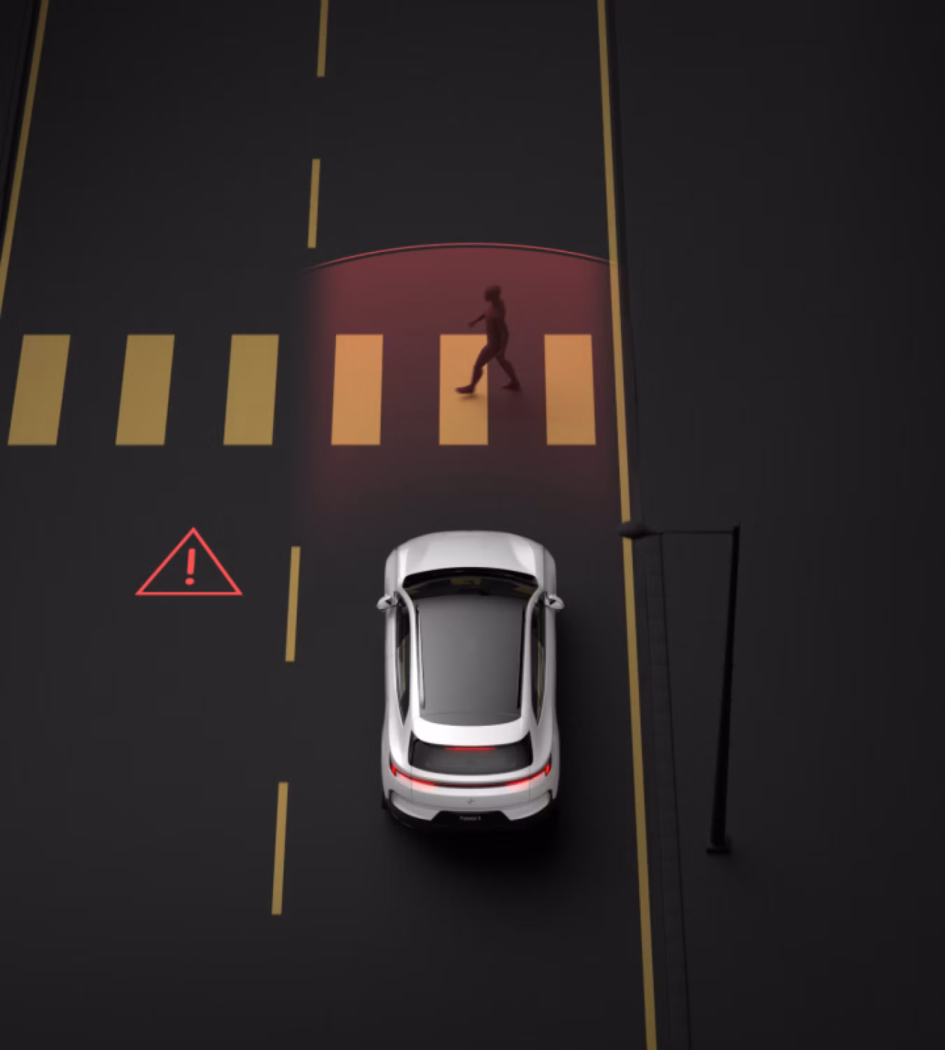 Polestar 4 SUV activating hazard warning lights after braking and sensing objects ahead and behind.