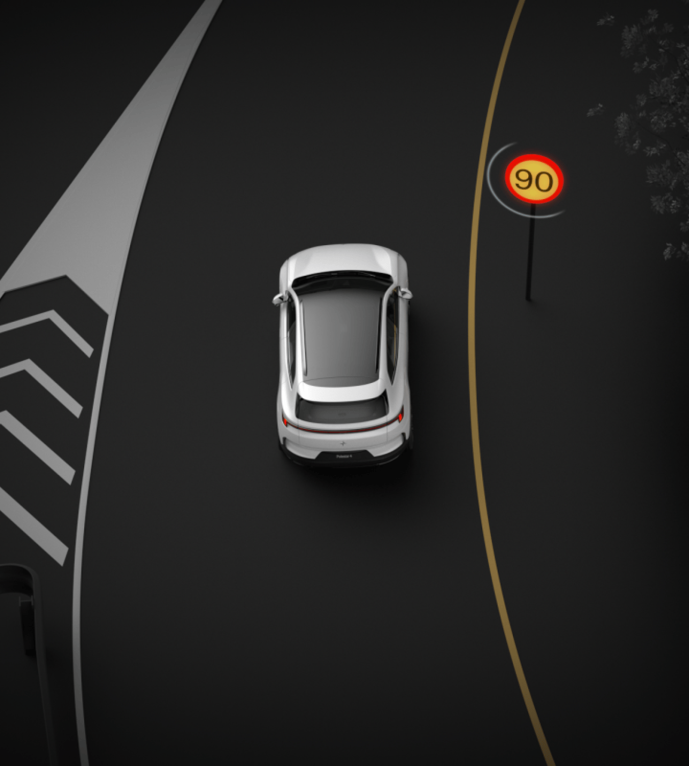 Polestar 4 SUV showing the posted speed limit number on the driver display.