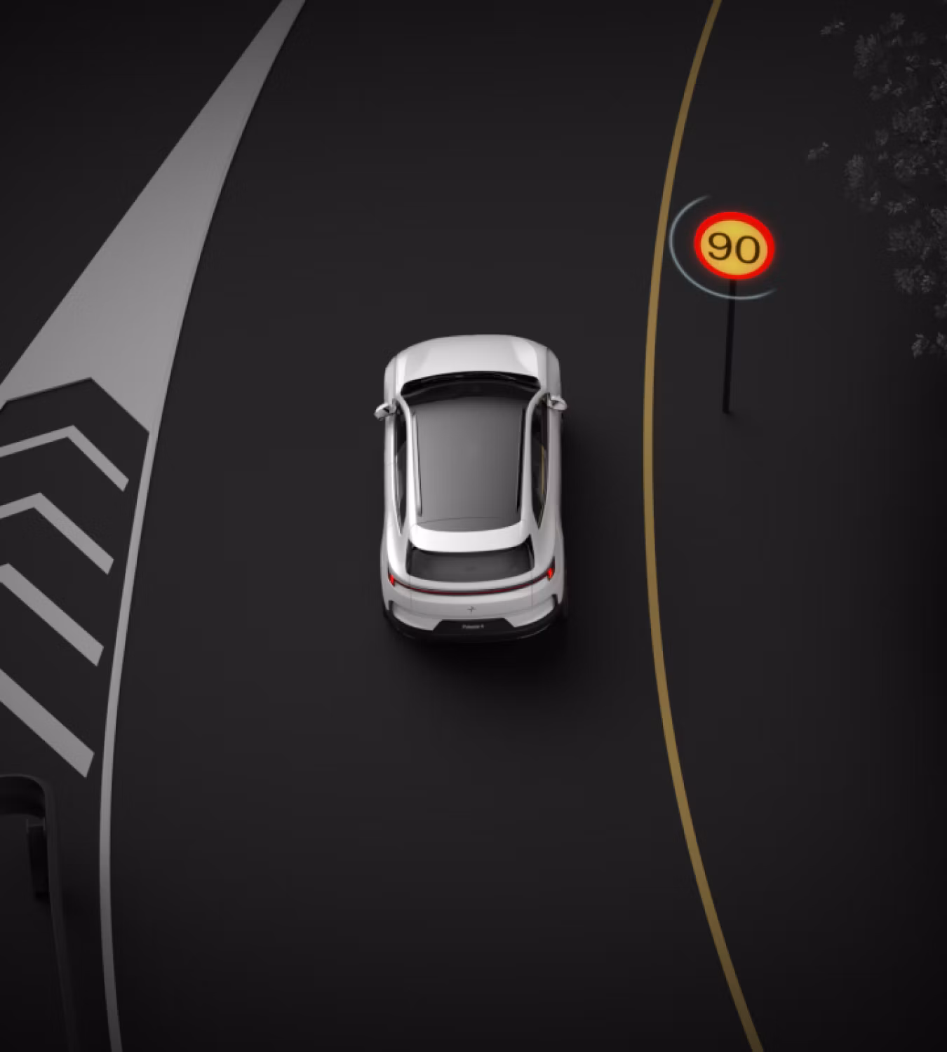 Polestar 4 SUV showing the posted speed limit number on the driver display.