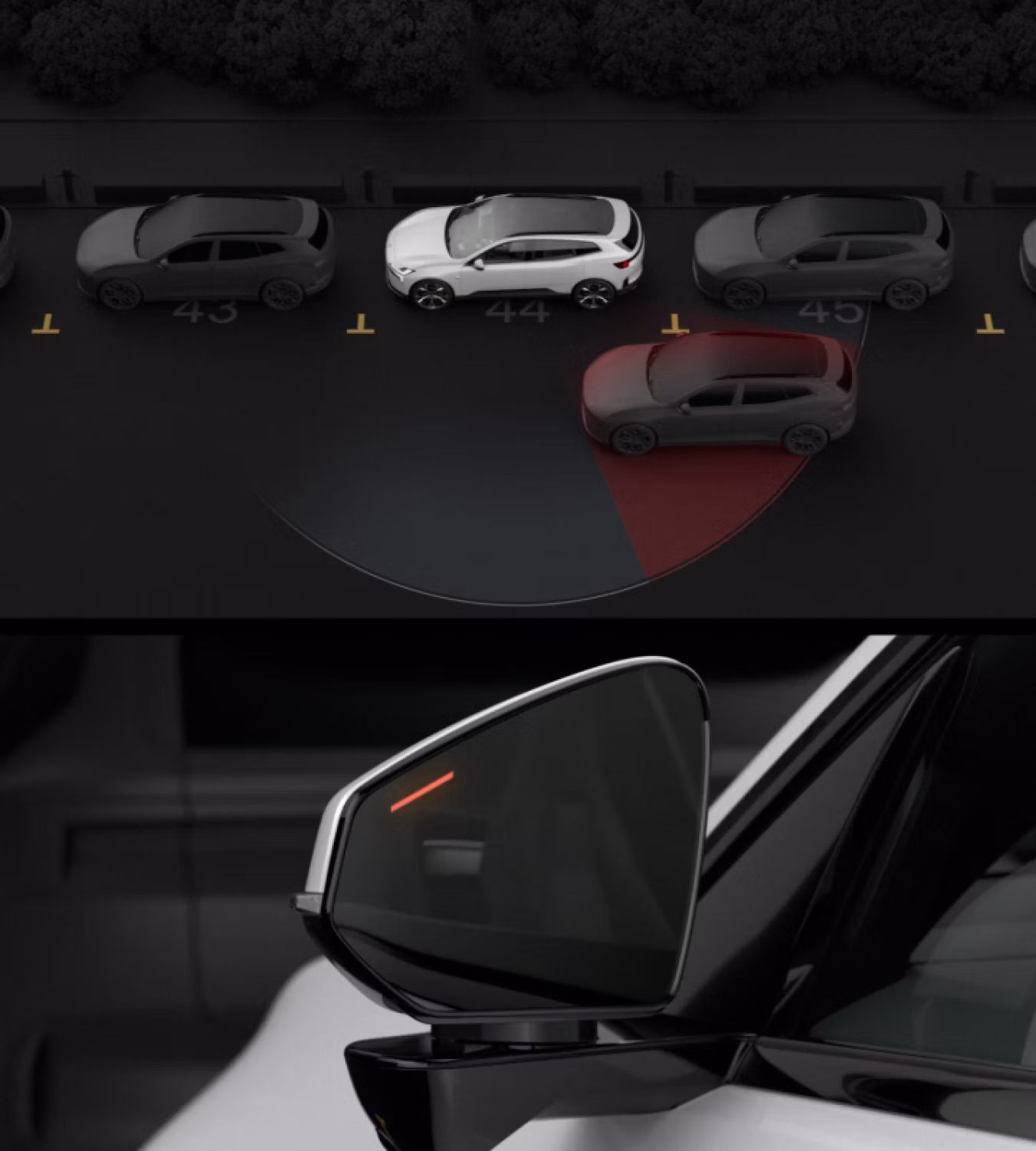 Polestar 4 SUV showing the warning LED on the side mirror closest to where a car is driving by.