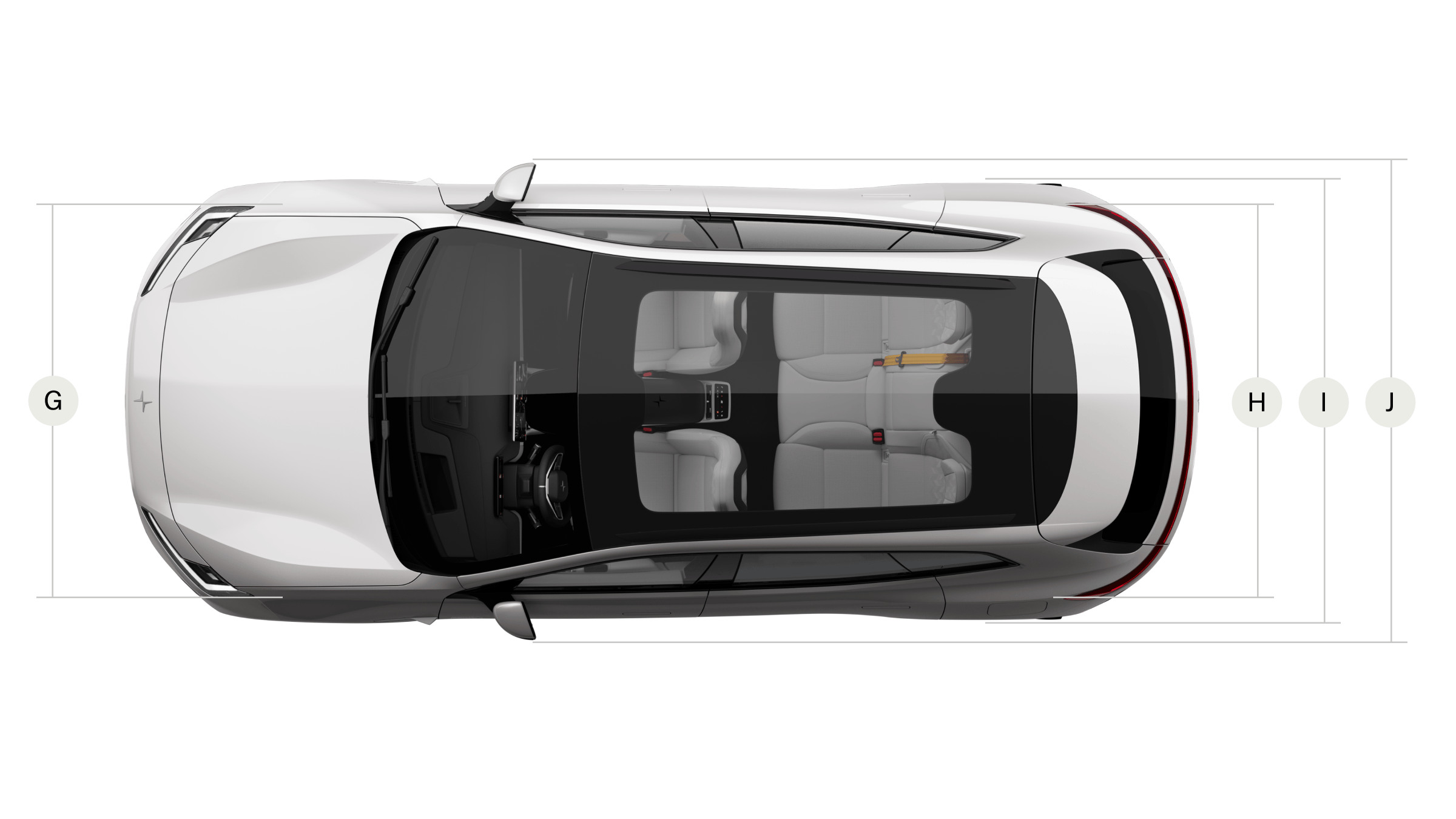 Bird’s eye view of Polestar 4 SUV with lines and letters related to its front and rear measurements.