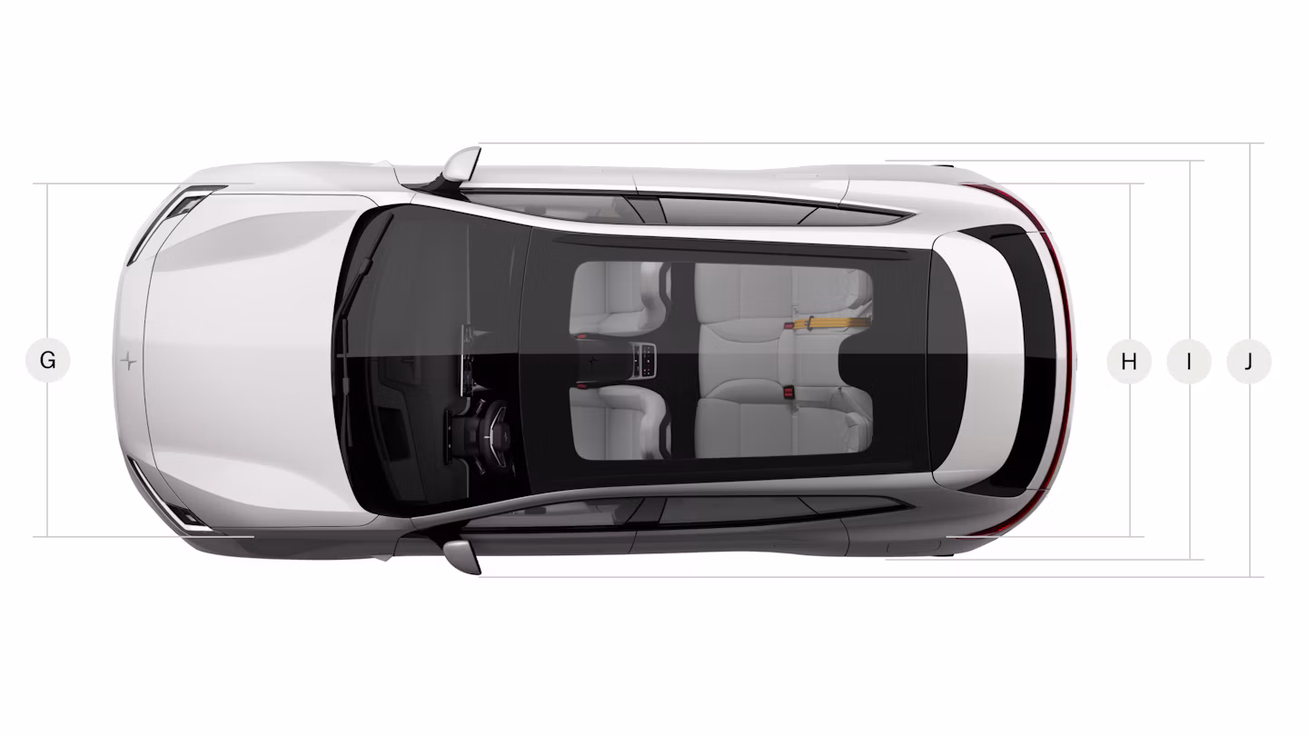 Bird’s eye view of Polestar 4 SUV with lines and letters related to its front and rear measurements.