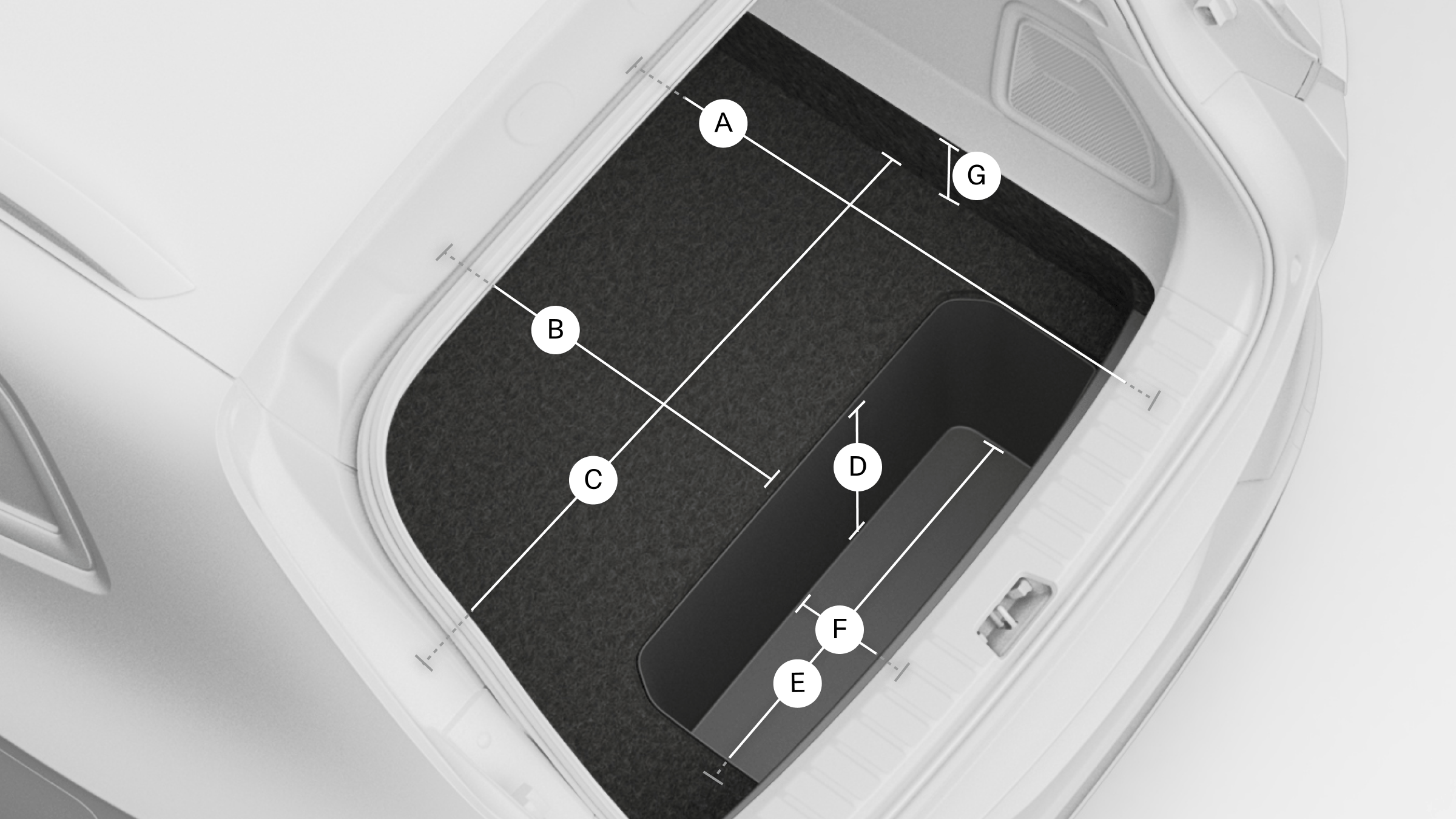 Polestar 4 SUV’s underfloor storage compartment with lines and letters showing its measurements.