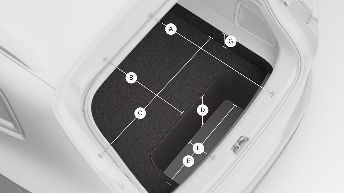 Polestar 4 SUV’s underfloor storage compartment with lines and letters showing its measurements.