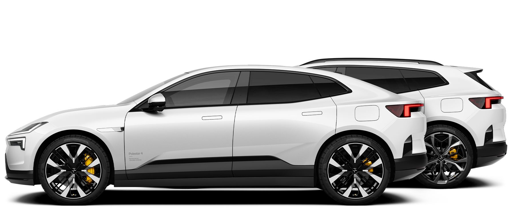 Two white Polestar 4, Coupé & SUV, in side view, one in front of the other