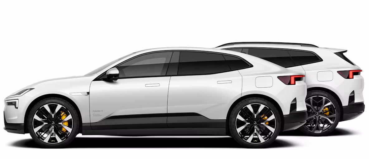 Two white Polestar 4, Coupé & SUV, in side view, one in front of the other