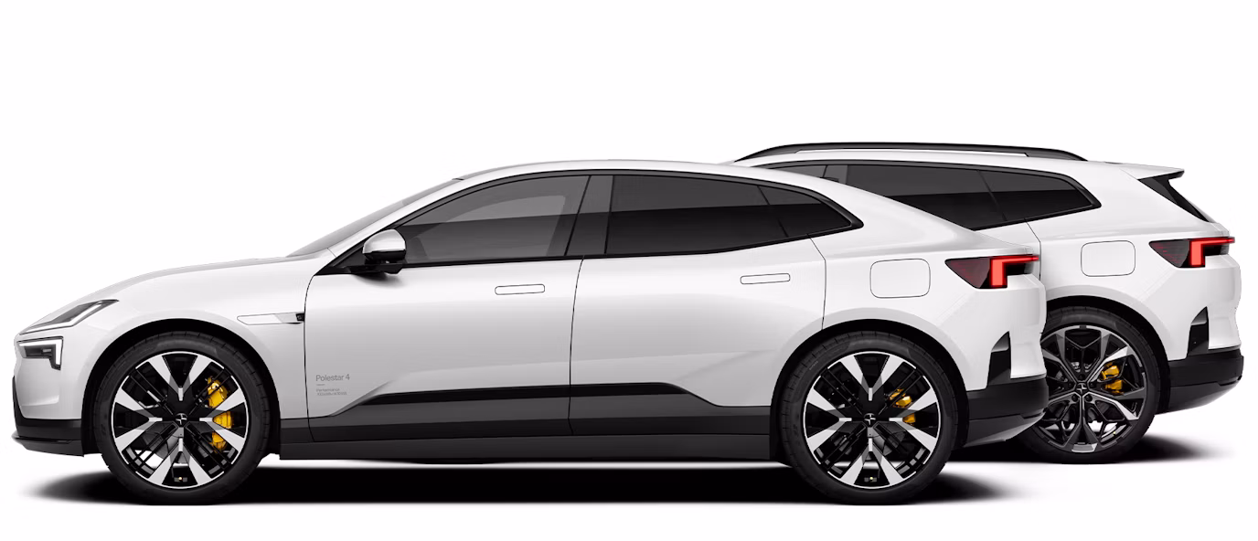 Two white Polestar 4, Coupé & SUV, in side view, one in front of the other