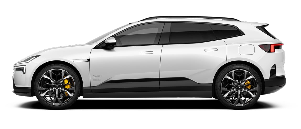 Polestar 4 SUV side view with white body, black trim, and yellow brake calipers.