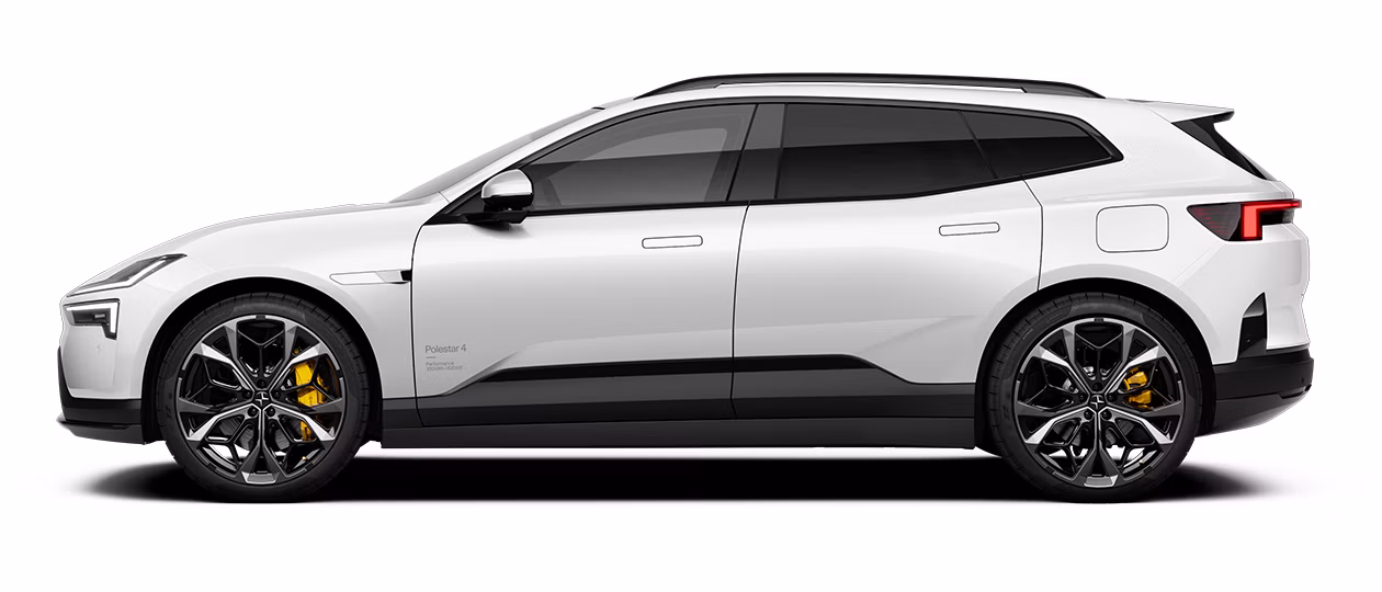Polestar 4 SUV side view with white body, black trim, and yellow brake calipers.