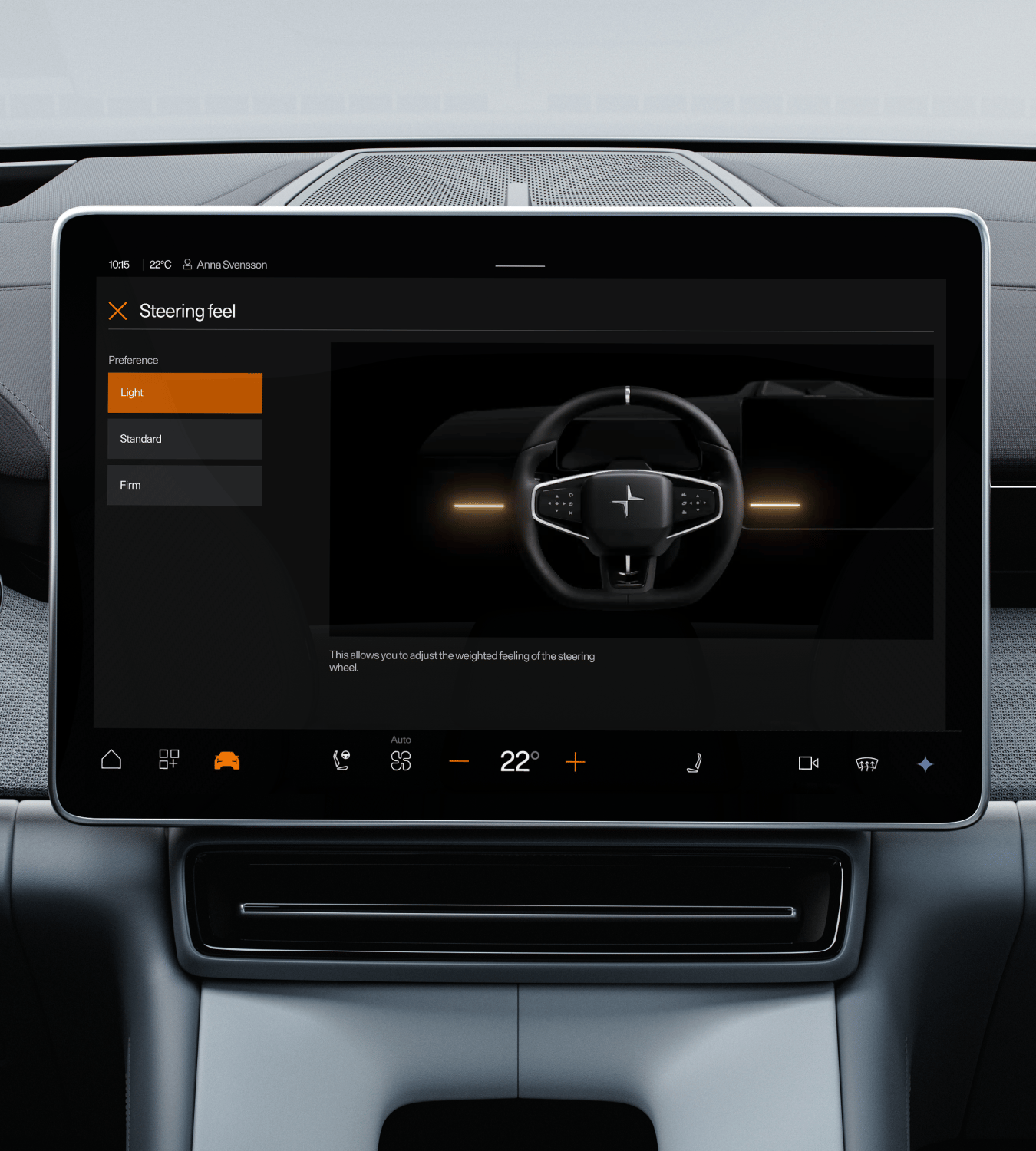 Polestar 4 SUV’s centre display showing the adjustable steering feedback options on the screen.