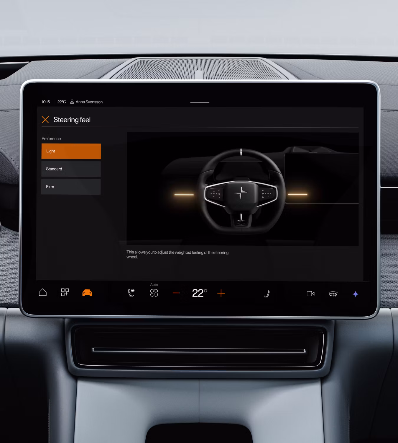 Polestar 4 SUV’s centre display showing the adjustable steering feedback options on the screen.