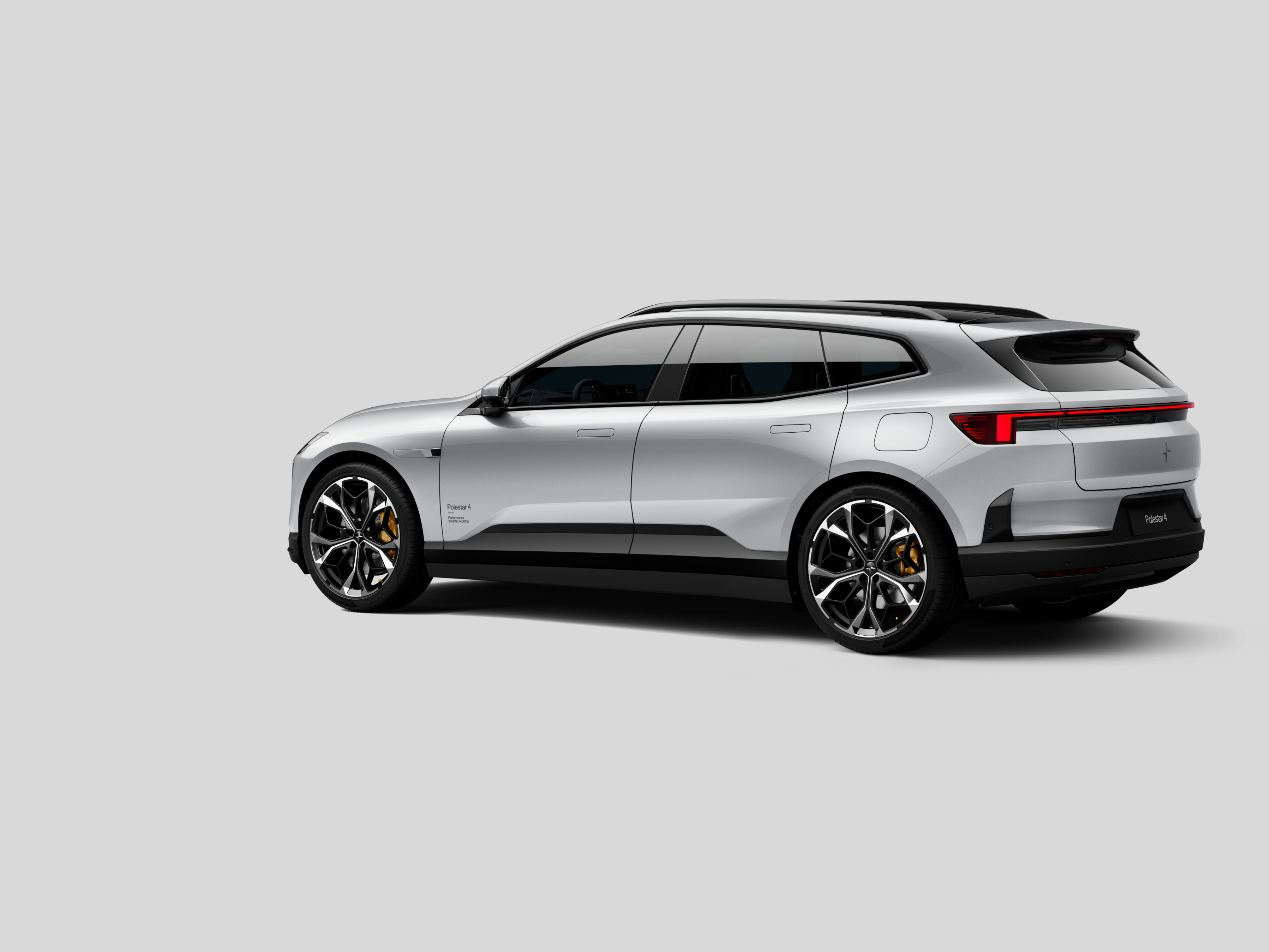 Polestar 4 SUV in color Lightning in rear three-quarter view on a plain background