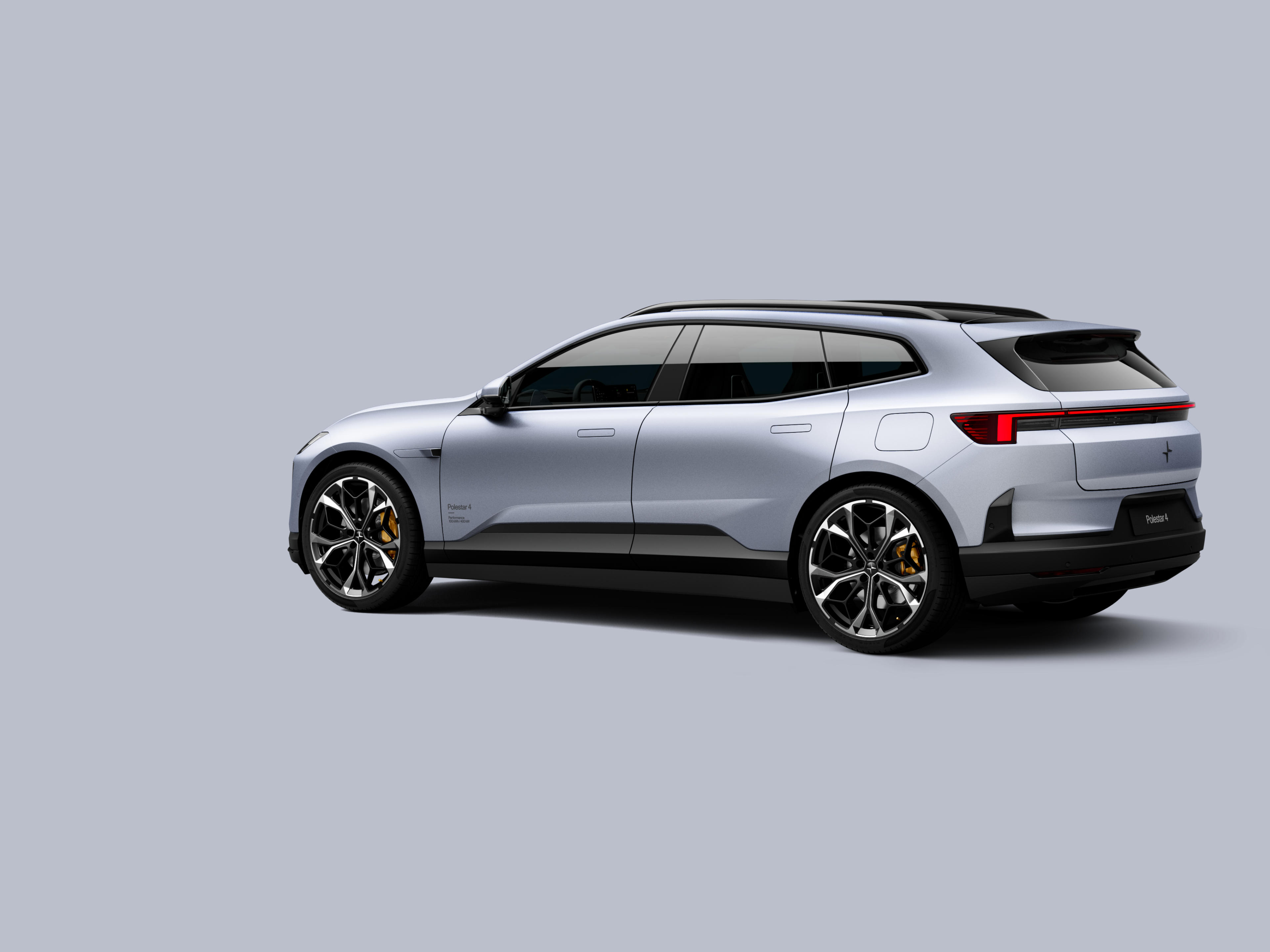 Polestar 4 SUV in color Ozone Matte in rear three-quarter view