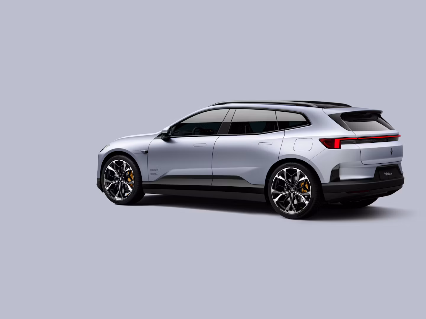 Polestar 4 SUV in color Ozone Matte in rear three-quarter view