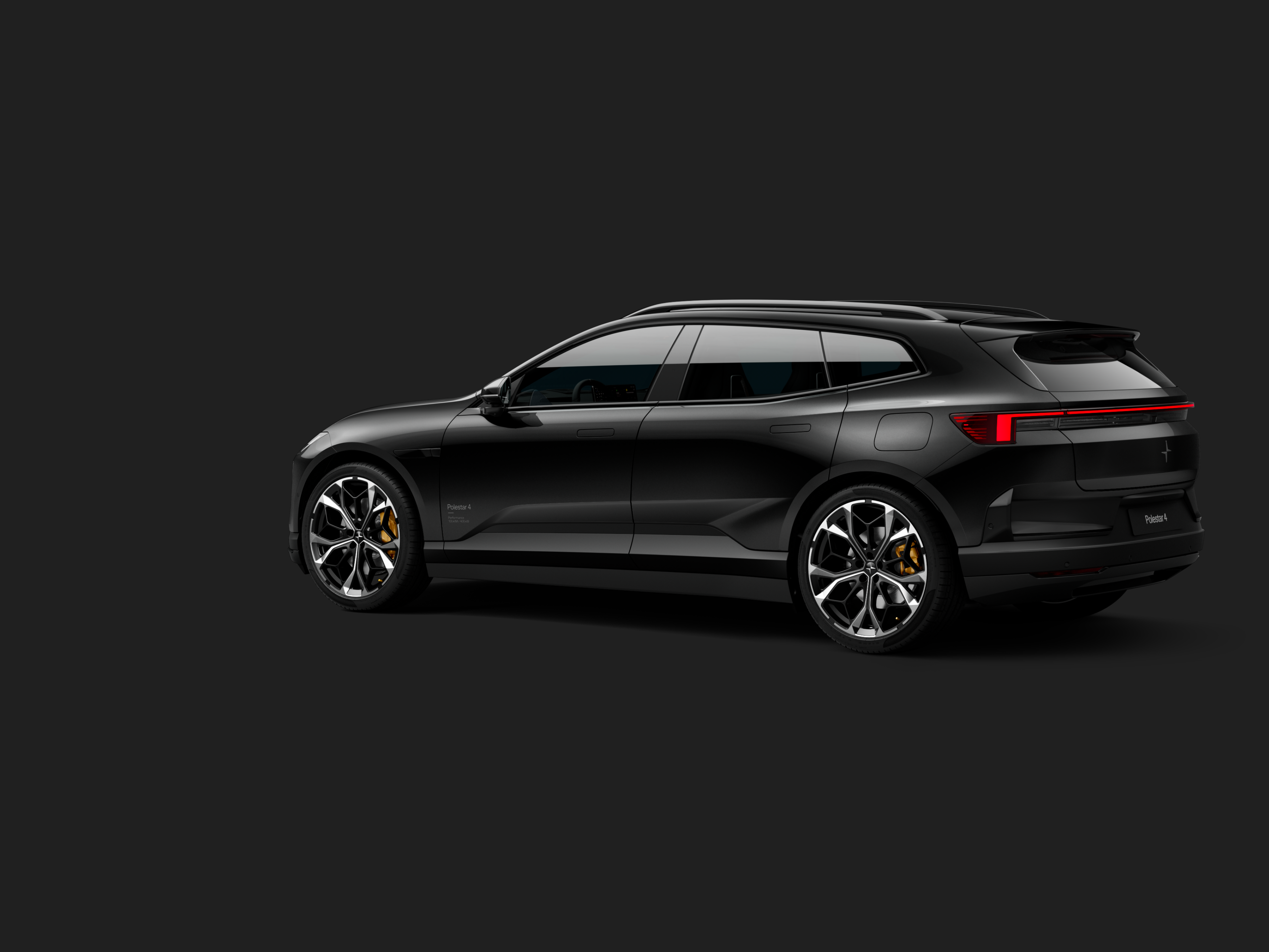 Polestar 4 SUV in color Space in rear three-quarter view on a dark background