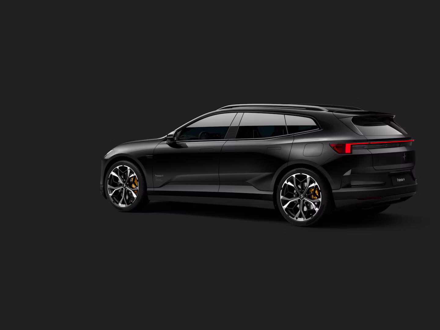 Polestar 4 SUV in color Space in rear three-quarter view on a dark background