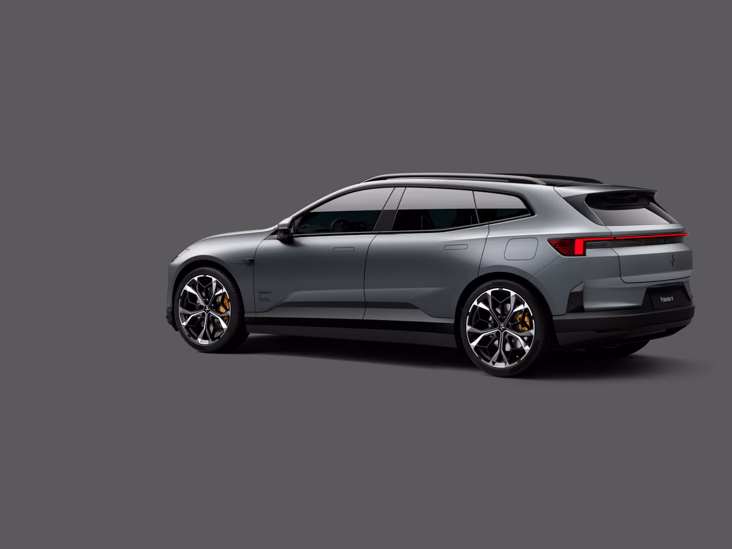Polestar 4 SUV in color Stratus Matte in side rear view on a plain gray background