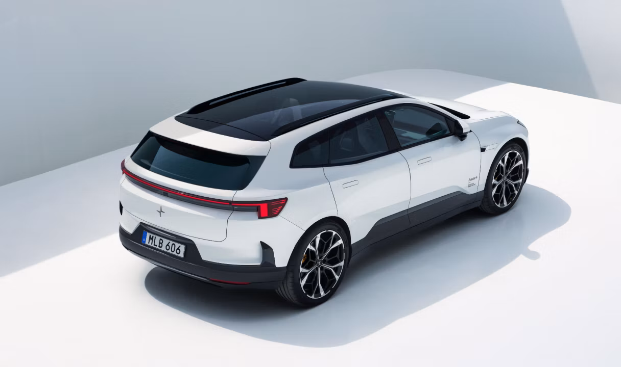 Polestar 4 SUV viewed from rear three-quarter angle in a studio setting