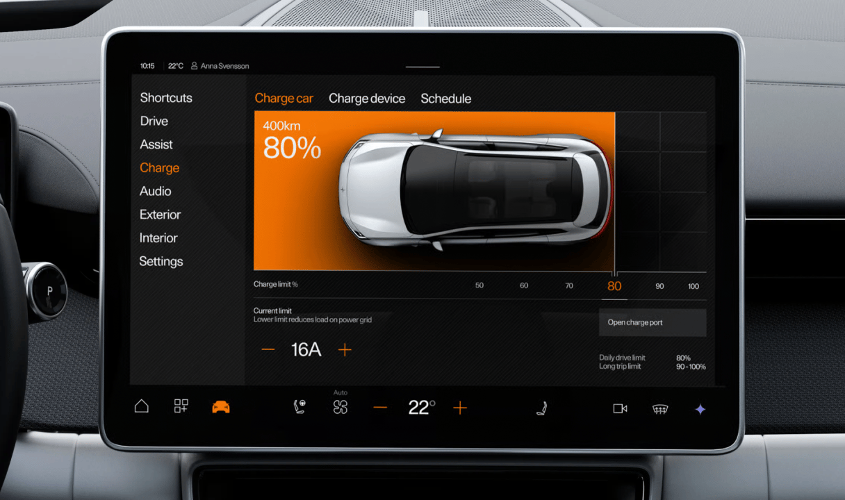 Écran des paramètres de recharge affichant une limite de charge de 80 % et une autonomie de 400 km.