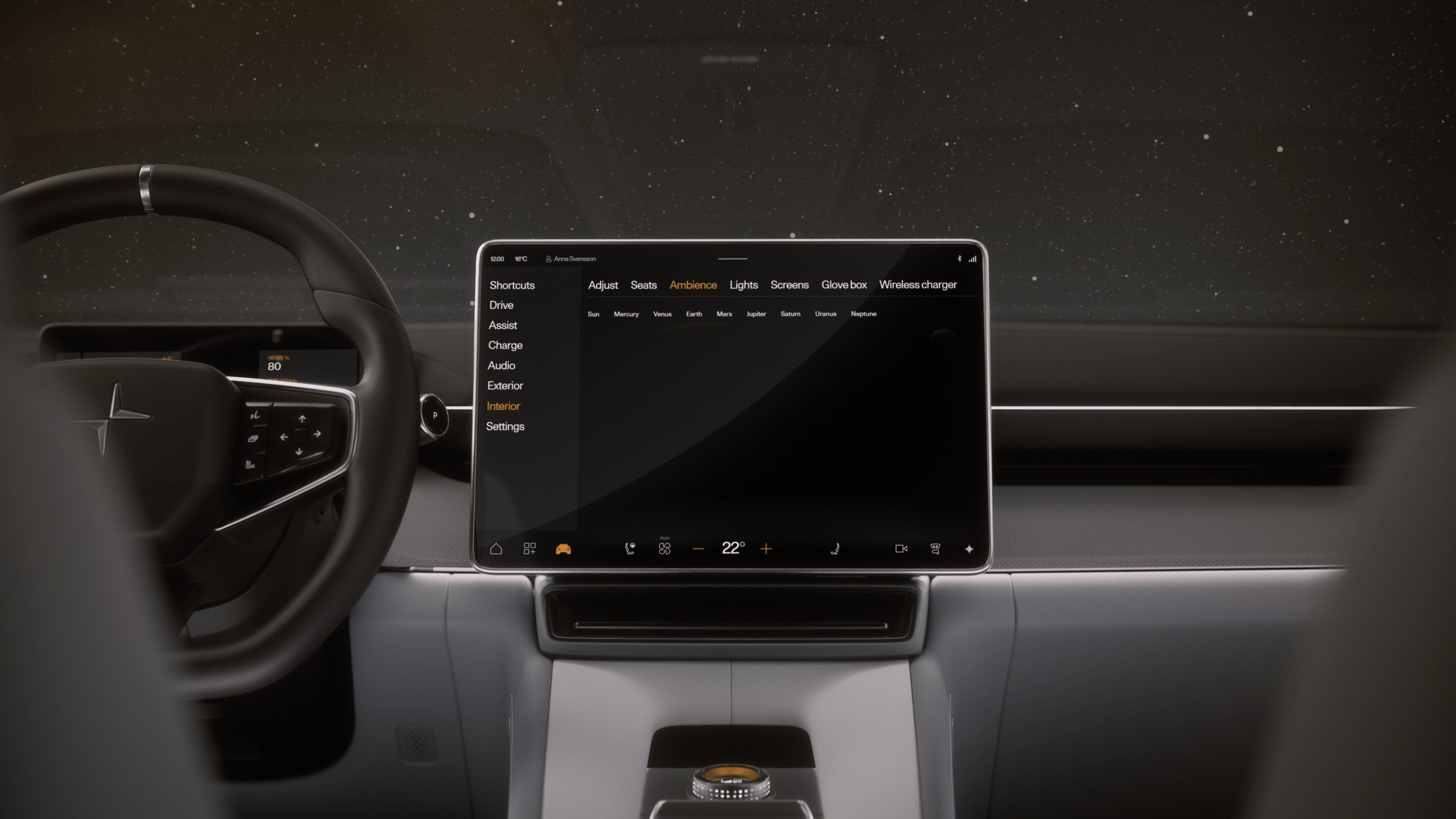 Polestar 4 coupé’s front area showing the steering wheel, dashboard, and centre display.